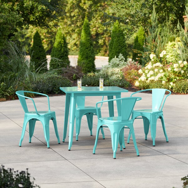 Lancaster Table & Seating Alloy Series 31 1/2" x 31 1/2" Aquamarine Standard Height Outdoor Table with 4 Arm Chairs