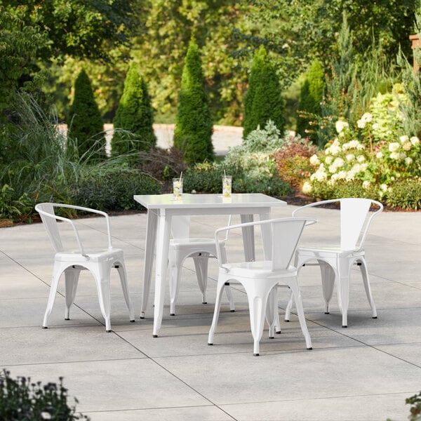 Lancaster Table & Seating Alloy Series 31 1/2" x 31 1/2" Pearl White Standard Height Outdoor Table with 4 Arm Chairs