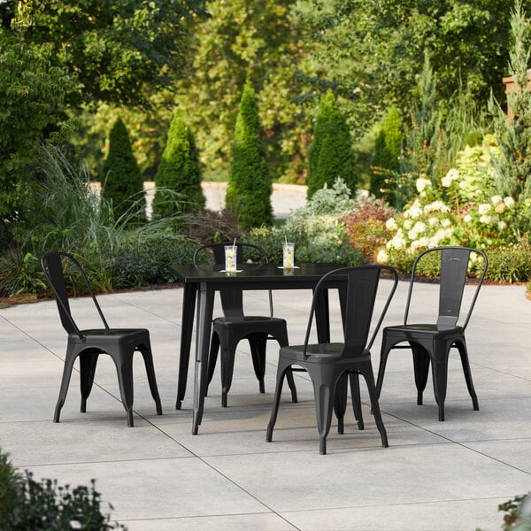 Lancaster Table & Seating Alloy Series 35 1/2" x 35 1/2" Black Standard Height Outdoor Table with 4 Cafe Chairs