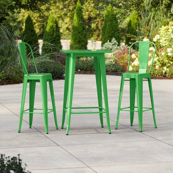 Lancaster Table & Seating Alloy Series 23 1/2" x 23 1/2" Jade Green Bar Height Outdoor Table with 2 Cafe Barstools