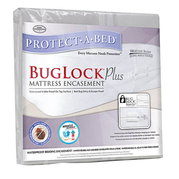 A white Protect-A-Bed BugLock Plus mattress encasement with a purple and white label.