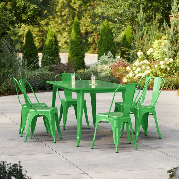 Lancaster Table & Seating Alloy Series 63" x 31 1/2" Jade Green Standard Height Outdoor Table with 6 Cafe Chairs