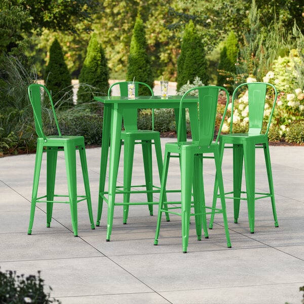 Lancaster Table & Seating Alloy Series 31 1/2" x 31 1/2" Green Bar Height Outdoor Table with 4 Cafe Barstools