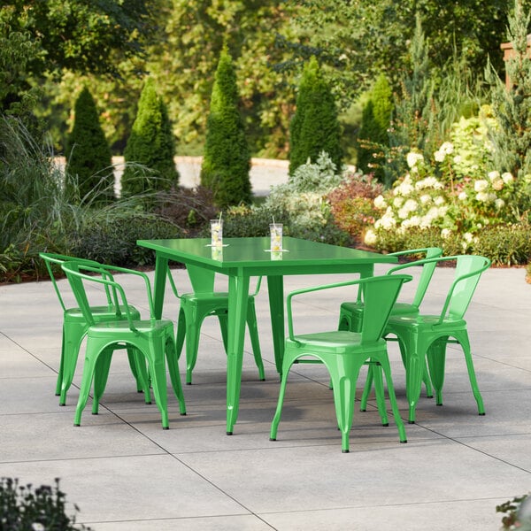 Lancaster Table & Seating Alloy Series 63" x 31 1/2" Jade Green Standard Height Outdoor Table with 6 Arm Chairs