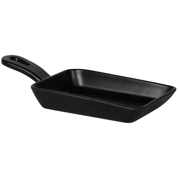 An Elite Global Solutions black rectangular pan with a handle.