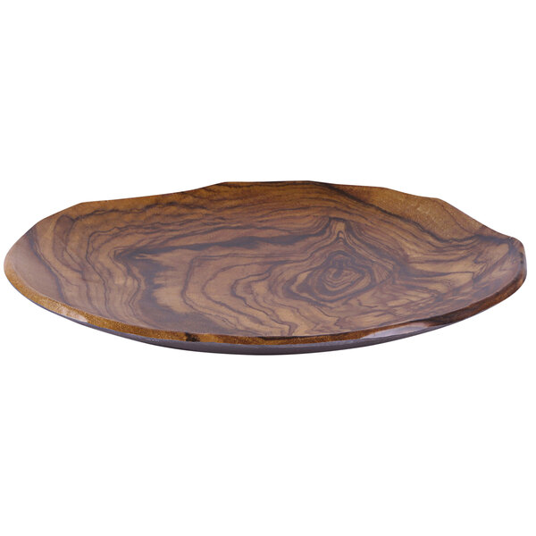 An Elite Global Solutions Sequoia wood grain melamine plate with a wavy edge.