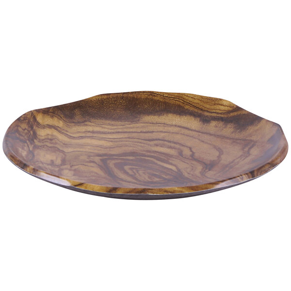 An Elite Global Solutions Sequoia wood grain melamine plate with a curved edge.