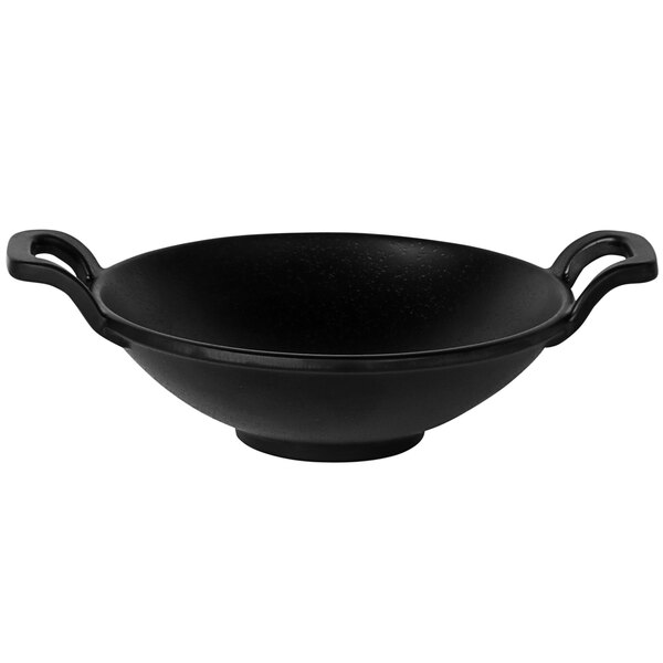 A black Elite Global Solutions faux cast iron melamine wok with handles.