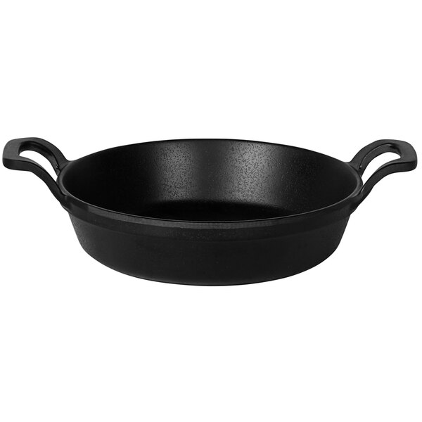 An Elite Global Solutions black faux cast iron melamine fry pan with handles.