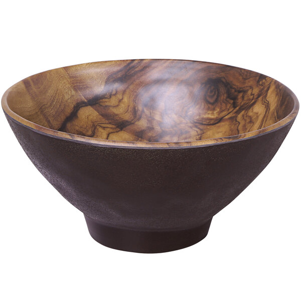 An Elite Global Solutions wood grain melamine bowl with a dark wood finish.
