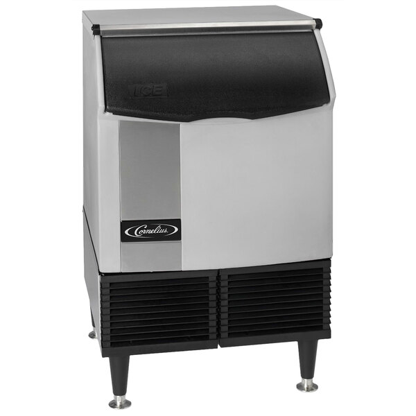 A silver and black Cornelius undercounter ice machine with a black lid.