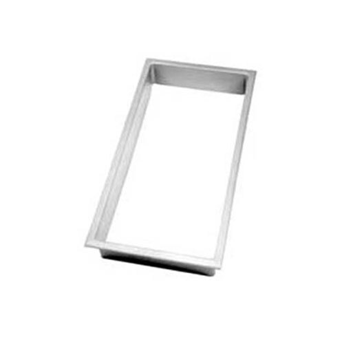 A silver rectangular frame with openings for Assure Collar for ice cream dipping cabinets.
