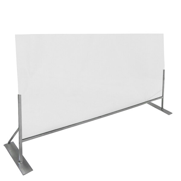 An aluminum and acrylic countertop social distancing divider with metal legs.