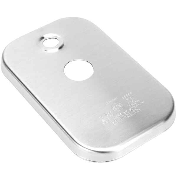 A rectangular stainless steel lid with holes in the center.