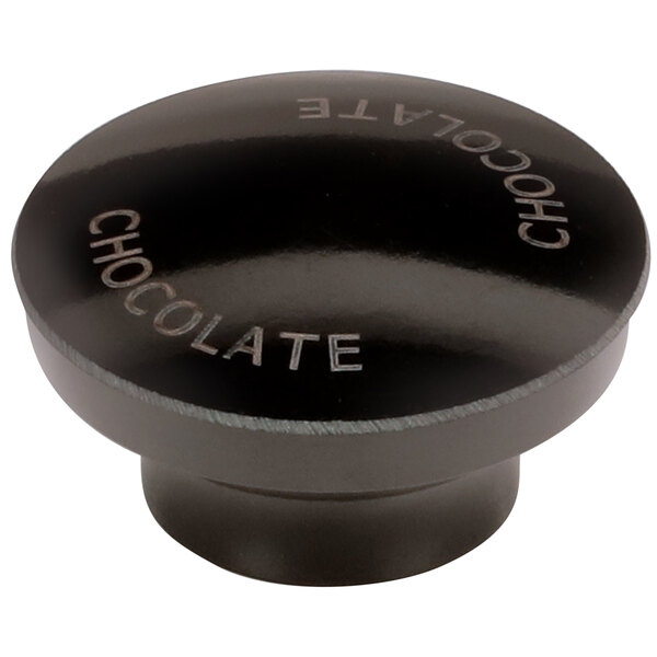A black round Server condiment dispenser knob with the word "chocolate" on it.
