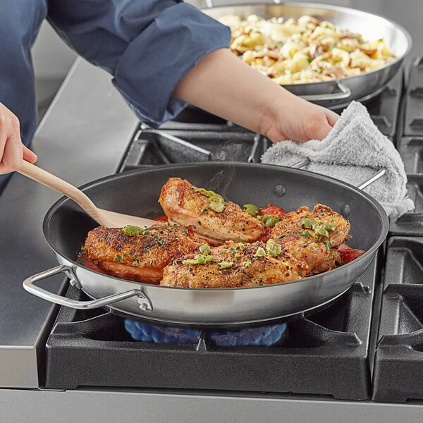 Vigor SS1 Series 13 3/16" Stainless Steel Non-Stick Fry Pan with Aluminum-Clad Bottom, Dual Handles, and Excalibur Coating