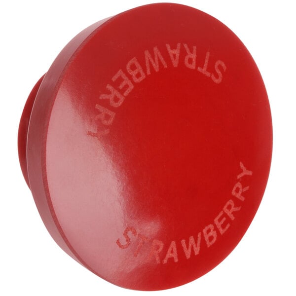 A red plastic Server condiment dispenser knob with white text that says "Strawberry"