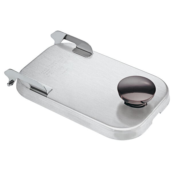 A stainless steel Server hinged lid with a black knob.