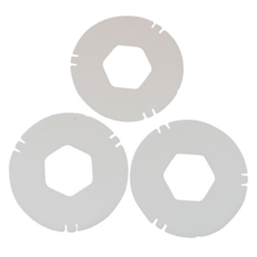 Three white circular gaskets with a hexagon.