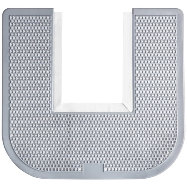 A white plastic square toilet floor mat with holes in it.