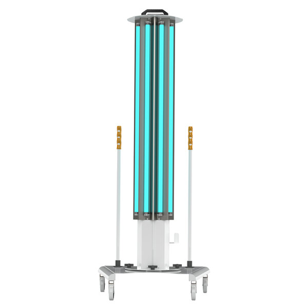 An XtraLight UVCM mobile UVC light with 8 blue bulbs on a stand.