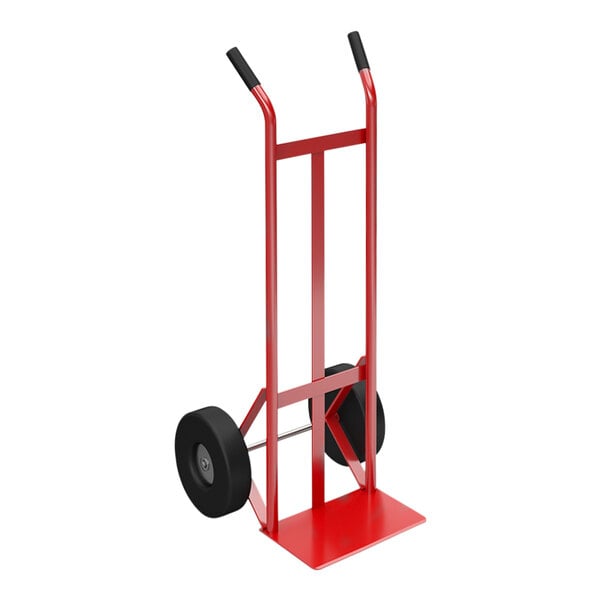 A red Winholt steel pipe hand truck with black wheels.