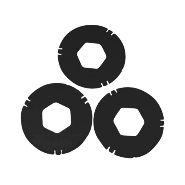 Three black circular rubber washers.