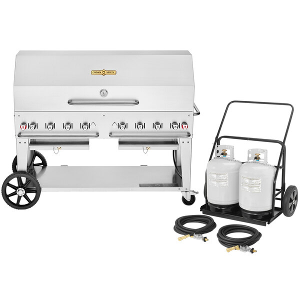 A silver Crown Verity mobile outdoor grill with a propane cart and two blue propane tanks.