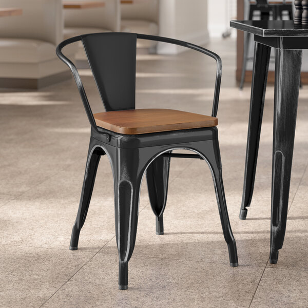 Lancaster Table & Seating Alloy Series Distressed Black Indoor Arm Chair with Walnut Wood Seat