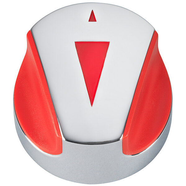 A red and white circular Crown Verity pilot knob with a red triangle in the center.