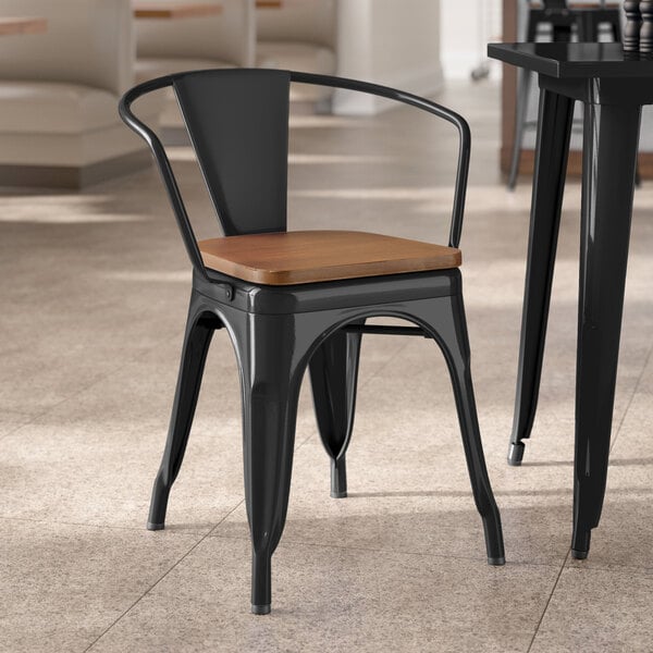Lancaster Table & Seating Alloy Series Black Indoor Arm Chair with Walnut Wood Seat