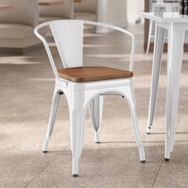 Lancaster Table & Seating Alloy Series Pearl White Indoor Arm Chair with Walnut Wood Seat