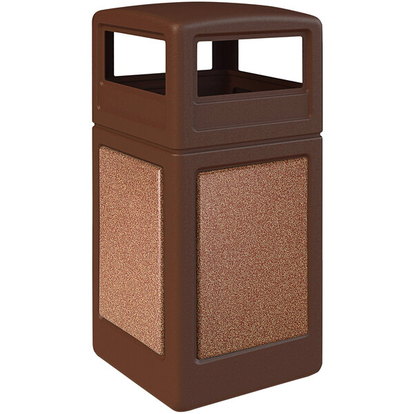 A brown square Commercial Zone StoneTec trash can with a dome lid and Sedona panels.