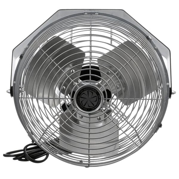 A TPI industrial wall-mount fan with a wire on the side.