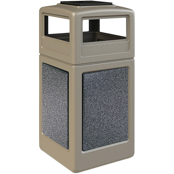 A beige StoneTec waste receptacle with Pepperstone panels and a grey ashtray dome lid.
