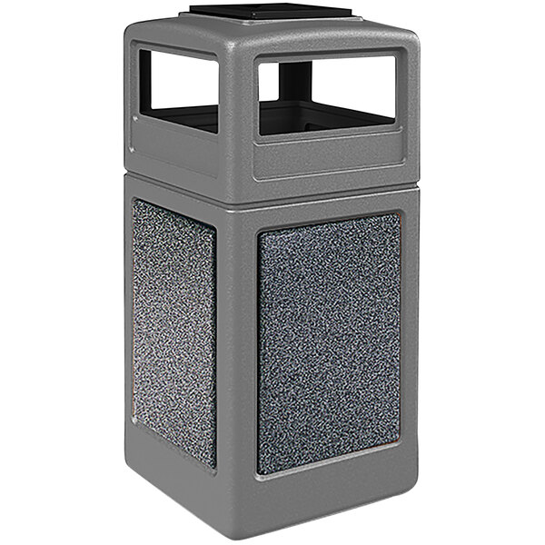 A grey rectangular Commercial Zone StoneTec waste receptacle with a square top and an ashtray dome lid.