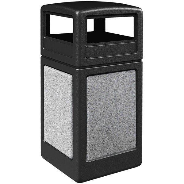 A black trash can with grey Ashtone panels and a dome lid.
