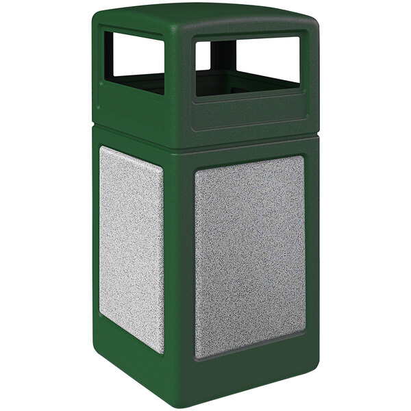 A forest green and gray Commercial Zone StoneTec waste receptacle with dome lid and Ashtone panels.
