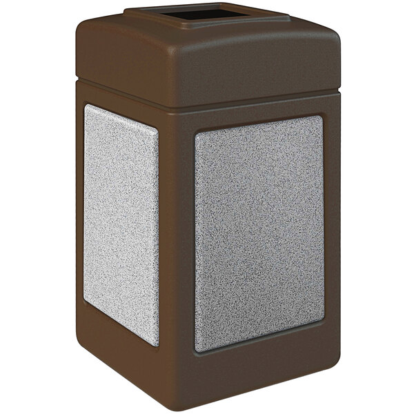 A brown rectangular Commercial Zone StoneTec waste receptacle with gray Ashtone panels.
