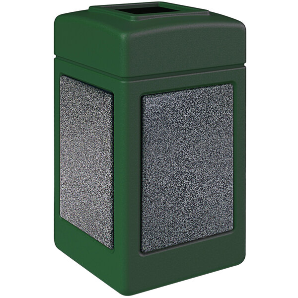 A green rectangular Commercial Zone StoneTec waste receptacle with a black lid.