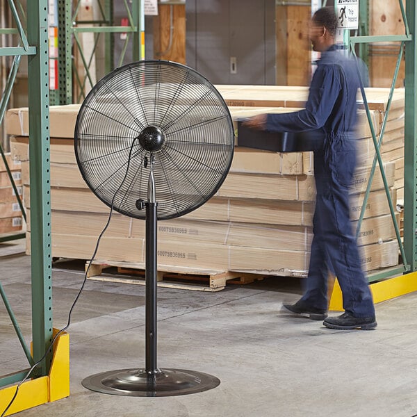 A man in a blue jumpsuit standing next to a black TPI industrial pedestal fan.