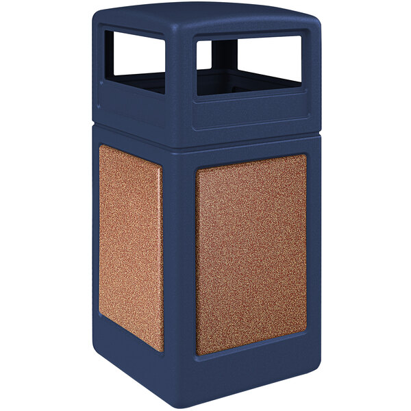 A blue rectangular Commercial Zone StoneTec trash can with brown and gold accents.