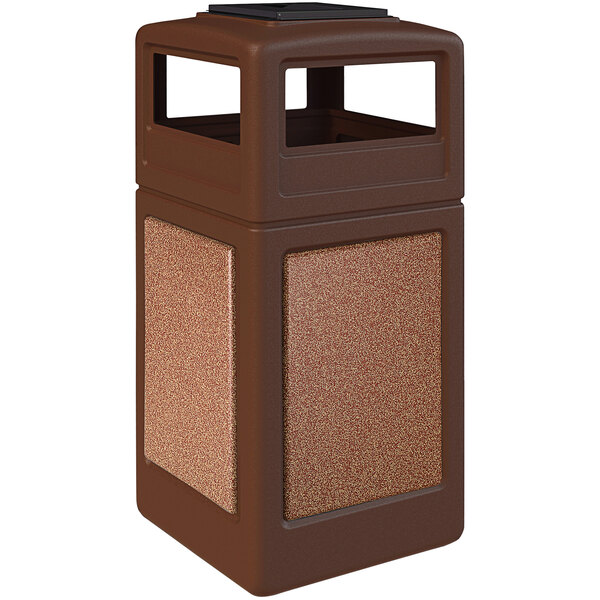 A brown rectangular Commercial Zone StoneTec waste receptacle with Sedona panels and an ashtray dome lid.