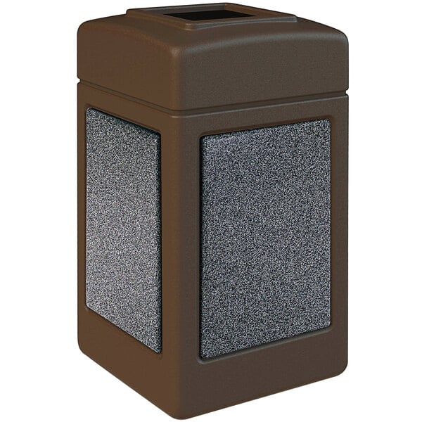 A brown Commercial Zone StoneTec waste receptacle with square top panels.