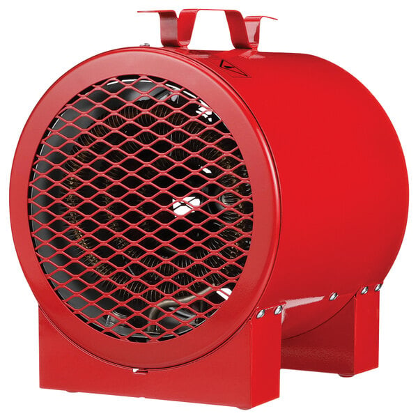 A red Fostoria forced air heater with a metal mesh grid on the side.
