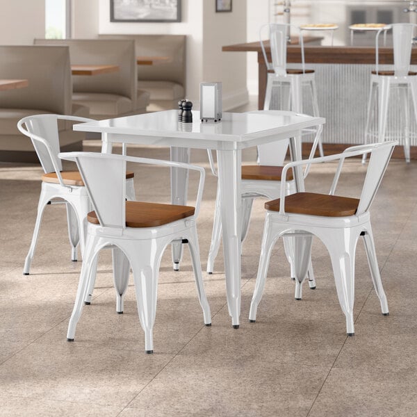 Lancaster Table & Seating Alloy Series 32" x 32" Pearl White Standard Height Indoor Table and 4 Arm Chairs with Walnut Wood Seats