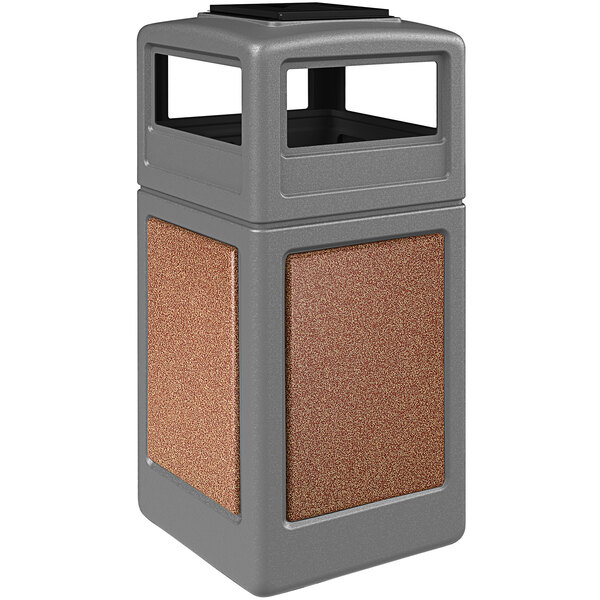 A grey rectangular Commercial Zone StoneTec waste receptacle with Sedona panels and an ashtray dome lid.