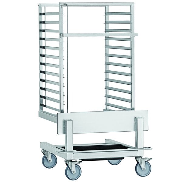 A Convotherm metal roll-in cart with four shelves on wheels.