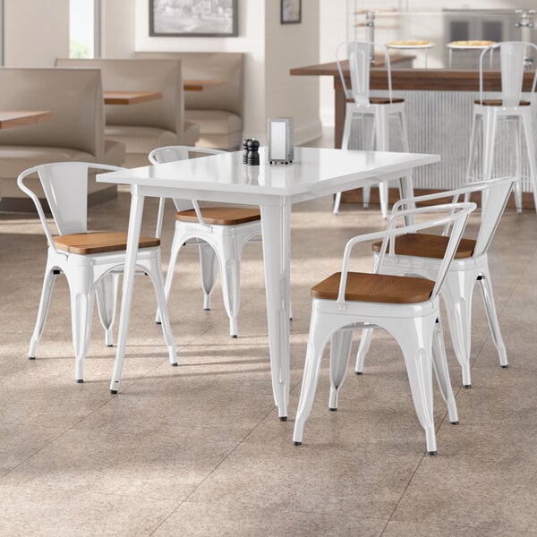 Lancaster Table & Seating Alloy Series 30" x 48" White Standard Height Indoor Table and 4 Arm Chairs with Walnut Wood Seats