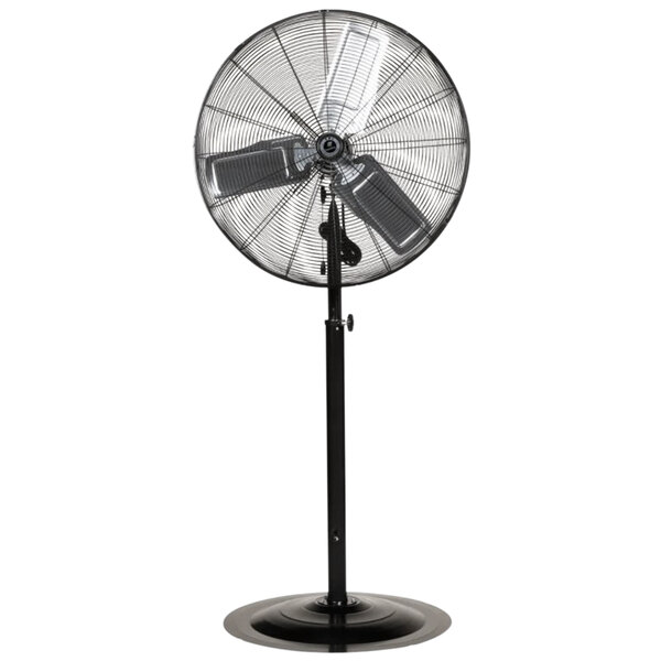 A black industrial pedestal fan on a stand.